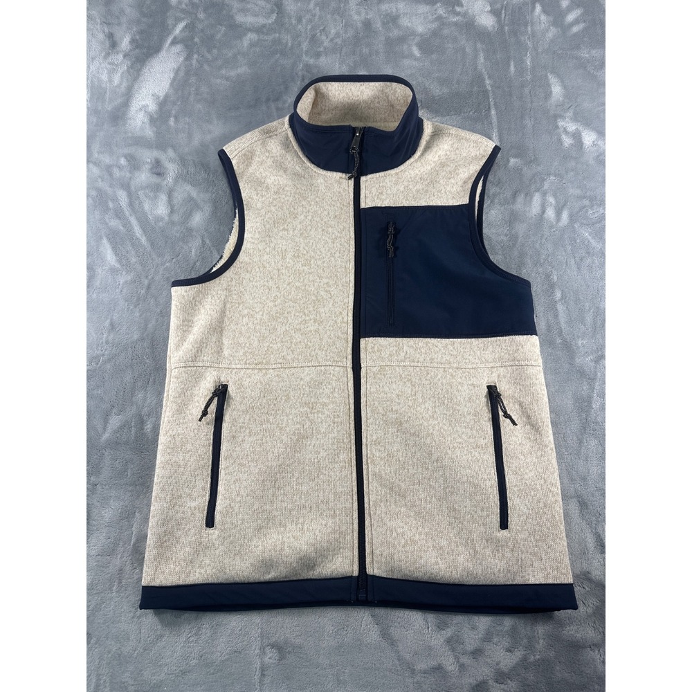 George Mens Fleece Vest Tan Oatmeal Navy Blue Full Zip Sherpa Lined Small 34-36